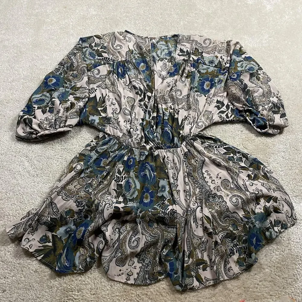 Free People Dress Womens S Multicolor Floral Boho Flare Mini Puff Sleeve Lined